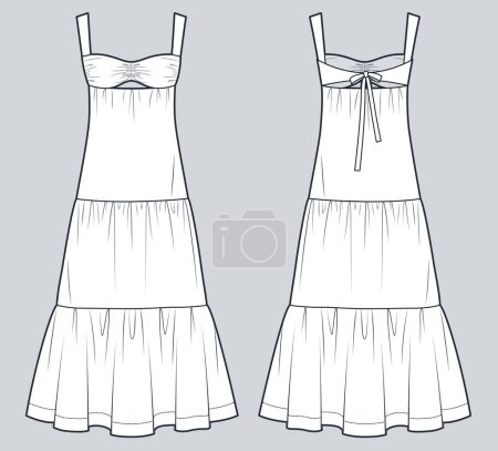 Tiered Dress technical fashion illustration. Bustier Strap Dress fashion flat technical drawing template, maxi, relaxed fit, front and back view, white, women CAD mockup.