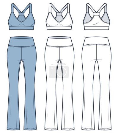  Set of Sports Bra and Leggings technical fashion illustration.Flared Leggings, Crop Top fashion flat technical drawing template, slim fit, front and back view, white, blue, women CAD mockup set.