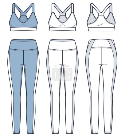 Set of Sports Bra and Leggings technical fashion illustration. Leggings, Crop Top fashion flat technical drawing template, slim fit, front and back view, white, blue, women CAD mockup set.