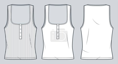 Sleeveless T-Shirt technical fashion illustration. Slim Fit Top fashion flat technical drawing template, square neck, button, front and back view, white, women, men, unisex CAD mockup set.