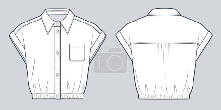  Collared Shirt technical fashion Illustration.  Short Sleeve Crop Shirt fashion flat technical drawing template, button-down collar, elastic bottom, front and back view, white, women, men, unisex CAD mockup set.