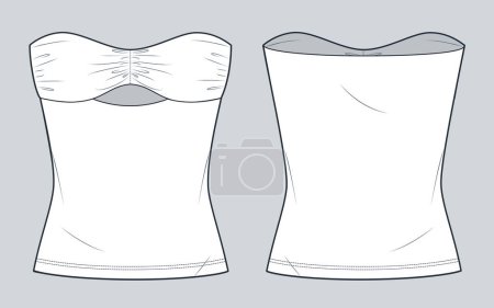  Off Shoulder Top technical fashion illustration. Bustier Top fashion flat technical drawing template, draped, slim fit, front and back view, white, women CAD mockup.