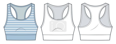 Cropped Tank Top technical fashion illustration, striped pattern. Sport Bra fashion flat technical drawing template, crew neck, slim fit, front and back view, white, blue, women CAD mockup set.