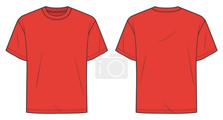 Basic T-Shirt Mode flache technische Zeichnungsvorlage. Unisex T-Shirt technische Modeillustration, entspannte Passform, Vorder- und Rückansicht, rot, Frauen, Männer, Unisex CAD-Attrappe.