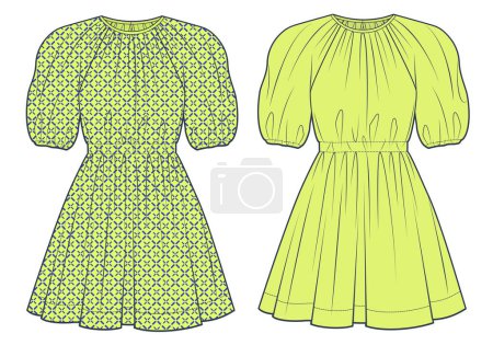 Puff Sleeve Dress technische Mode-Illustration. Mini-Kleid Mode flache technische Zeichnungsvorlage, runder Hals, alastische Taille, Vorderansicht, lindgelbe Farbe, CAD-Attrappe für Frauen.