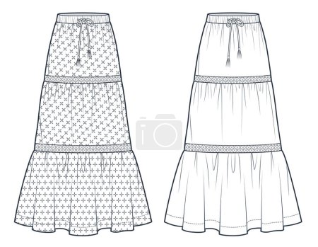  Tiered Maxi Skirt technical fashion illustration, embroidery design. Boho Skirt fashion flat technical drawing template, elastic waistband, drawstring, front view, white, women CAD mockup set.