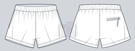 Pantalones cortos ilustración técnica de moda. Pantalones cortos de moda plana plantilla de dibujo técnico, bolsillo, cintura elástica, vista frontal y trasera, blanco, mujeres, hombres, unisex Sportswear CAD mockup.