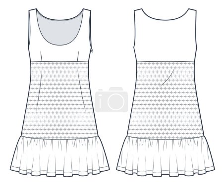 Perforated mini Dress technical fashion illustration. Sleeveless Dress fashion flat technical drawing template, low round neck, ruffle, A-line, front and back view, white, women CAD mockup.