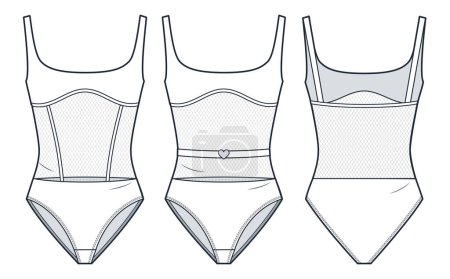 Bodysuit technical fashion illustration. Swimsuit fashion flat technical drawing template, square neck, mesh, slim fit, front and back view, white, women CAD mockup set.