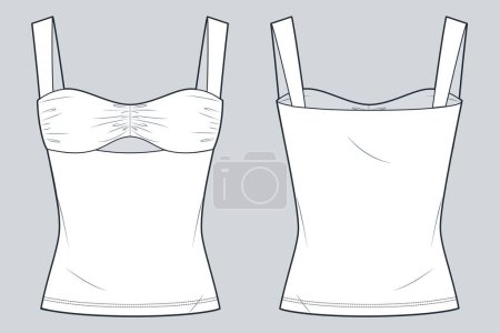 Striped Top technical fashion illustration. Bustier Top fashion flat technical drawing template, draped, slim fit, front and back view, white, women CAD mockup.