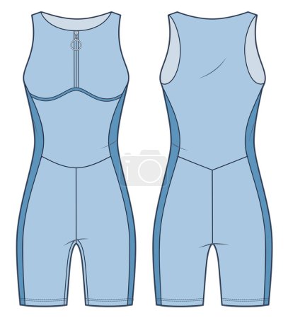 Illustration for Sports Bodysuit technical fashion illustration. One Piece Swimsuit fashion flat technical drawing template, zipper, slim fit, front and back view, blue, women Sportswear CAD mockup. - Royalty Free Image