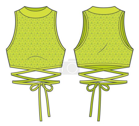 Crop Top technical fashion Illustration. Tie Top fashion flat tehnical drawing template, round neck, front knot, slim fit, front and back view, lime yellow color, women CAD mockup.