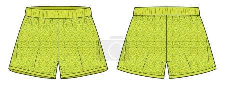 Short Pants technical fashion illustration, seamless pattern. Sport Shorts fashion flat technical drawing template, elastic waist, front and back view, lime yellow, women, men, unisex Sportswear CAD mockup.