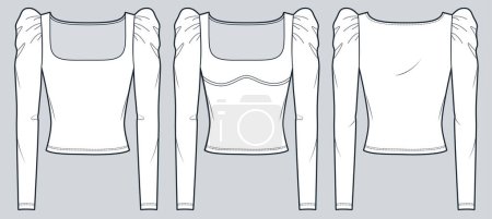 Square Neck Top technical fashion illustration. Long Sleeve T-Shirt fashion flat technical drawing template, puff sleeve, slim fit, front and back view, white color, women Top CAD mockup set.