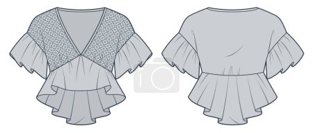 Ruffle Blouse technical fashion Illustration, seamless pattern. Peplum Top fashion flat technical drawing template, v-neck, short sleeve, peplum, front and back view, gray, women Top CAD mockup.
