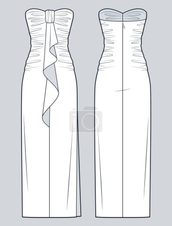 Drapierte Maxi Dress technische Modeillustration. Bustier Dress Mode flache technische Zeichnungsvorlage, Rüsche, Seitenschlitz, Reißverschluss hinten, Vorder- und Rückansicht, weiß, Frauen Kleid CAD-Attrappe.