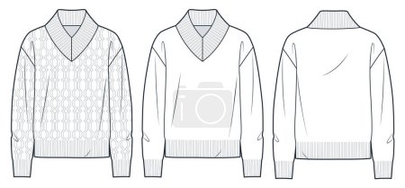  Pull illustration de mode technique. Modèle de dessin technique plat Cable Knit Sweater fashion, coupe décontractée, col en V, vue de face et arrière, blanc, femmes, hommes, unisexe Top CAD mockup set.