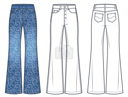 Flared Jeans Pants technical fashion illustration, floral pattern. Denim Pants fashion flat technical drawing template, full length, high waist, flared fit, front and back view, white, blue,women, men, unisex CAD mockup set.