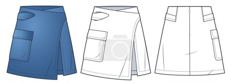  Wickelrock technische Mode Illustration. Asymmetrischer Minirock Mode flache technische Zeichnungsvorlage, Tasche, Reißverschluss hinten, Frontschlitz, Vorder- und Rückansicht, weiß, blau, CAD-Attrappe für Frauen.