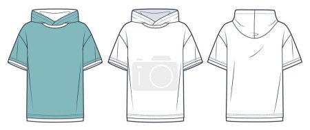  Tee Shirt fashion flat technical drawing template. Short Sleeve Sweatshirt technical fashion Illustration, hood, relaxed fit, front and back view, white, aqua color, women, men, unisex CAD mockup set.