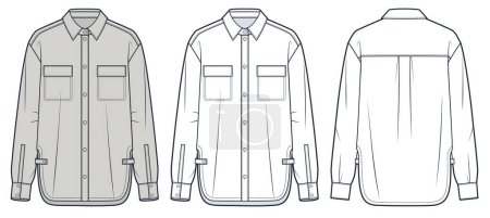 Unisex Shirt technical fashion Illustration. Classic Shirt fashion flat technical drawing template, button, side slit, oversize, pocket, front and back view, white, beige, women, men, unisex CAD mockup set.