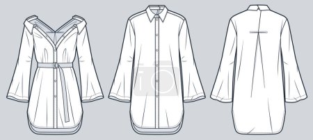 Shirt Dress technical fashion Illustration. Tunic Dress fashion flat technical drawing template, bell sleeve, front and back buttons, relaxed fit, front and back view, white, women, men, unisex CAD mockup set.