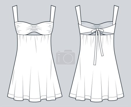 Mini vestido Bustier ilustración técnica de moda. Plantilla de dibujo técnico plano de moda A-Line Dress, cuello cuadrado, ajuste delgado, vista frontal y trasera, blanco, maqueta CAD de vestido de mujer.