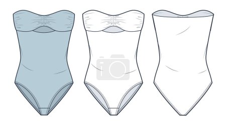 Swimsuit technical fashion illustration. Off Shoulder Bodysuit fashion flat technical drawing template, draped, cutout, front and back view, white, blue, women CAD mockup set.