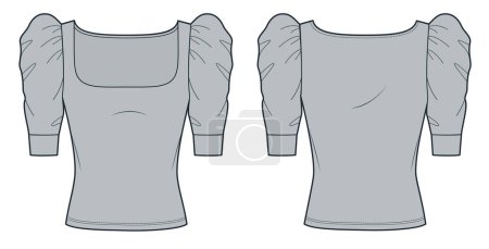 Top illustration de mode technique. Demi-manches T-shirt mode plat modèle de dessin technique, manches bouffantes, coupe slim, vue de face et arrière, couleur grise, femmes Top CAD mockup set.
