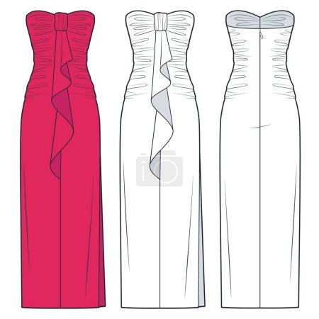 Draped Maxi Dress technical fashion illustration. Bustier Dress fashion flat technical drawing template, ruffle, side slit, back zipper, front and back view, white, magenta color, women Dress CAD mockup.