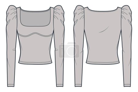 Square Neck Top technical fashion illustration. Long Sleeve T-Shirt fashion flat technical drawing template, puff sleeve, slim fit, front and back view, grey color, women Top CAD mockup set.