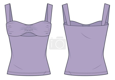 Striped Top technical fashion illustration. Bustier Top fashion flat technical drawing template, draped, slim fit, front and back view, pastel lilac color, women CAD mockup.