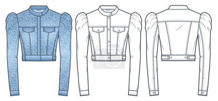 Denim Jacket technical fashion illusrtation, floral pattern. Cropped Jacket fashion flat technical drawing template, buttons, pocket, slim fit, puff sleeve, front and back view, white, blue, women CAD mockup set.