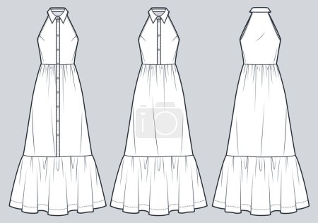 Illustration for Tiered maxi Dress technical fashion illustration. Halter Dress fashion flat technical drawing template, collar, buttons, relaxed fit, front and back view, white, women Dress CAD mockup set. - Royalty Free Image