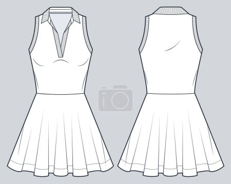 Polo Dress technische Modeillustration. Flare mini Dress Mode flache technische Zeichnungsvorlage, ärmellos, V-Ausschnitt, Vorder- und Rückseite, weiß, Frauen Jersey Dress CAD-Attrappe.
