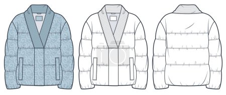 Down Jacket technical fashion Illustration, floral pattern. Padded Jacket fashion flat technical drawing template, ribbed collar, pockets, front and back view, white, light blue, women, men, unisex Outrwear CAD mockup set.
