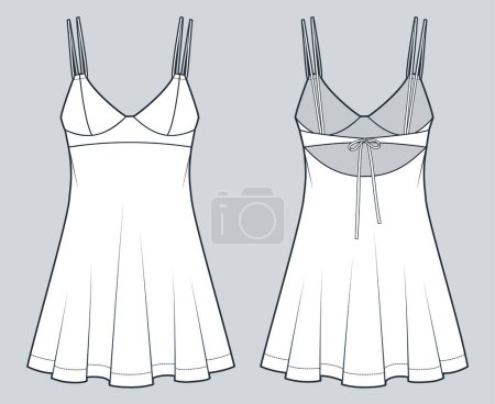 Slip Dress technical fashion illustration. Bustier mini Dress fashion flat technical drawing template, A-line, front and back view, white, Women's Dress CAD mockup.