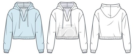 Cropped Hoodie technical fashion illustration. Hooded Sweatshirt fashion flat technical drawing template, v-neck, relaxed fit, front and back view, white, blue, women, men, unisex CAD mockup set.