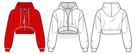 Hooded Sweatshirt technical fashion illustration. Zipped Jacket fashion flat technical drawing template, cropped, relaxed fit, front and back view, white, red, women, men, unisex Sportswear CAD mockup set.
