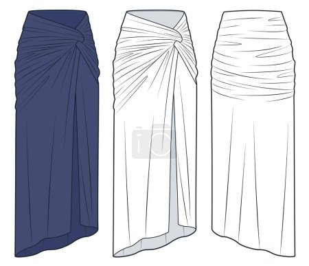 Draped Skirt technical fashion illustration. Maxi Skirt fashion flat technical drawing template, asymmetric, front slit, slim fit, front and back view, white, blue, women Skirts CAD mockup set.