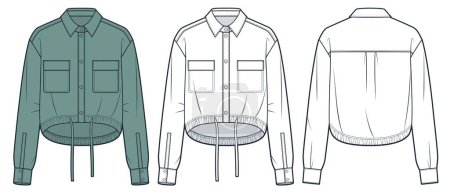  Crop Shirt technical fashion Illustration. Collar Shirt fashion flat technical drawing template, button, drawstring bottom, relaxed fit, pocket, front and back view, white, green, women, men, unisex CAD mockup set.