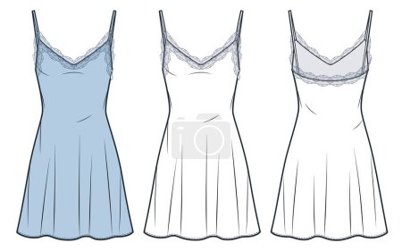 Slip Dress illustration de mode technique. Mini robe avec garniture en dentelle modèle de dessin technique plat de mode, zip latéral, sangle, vue avant et arrière, blanc, bleu clair, femmes CAD ensemble de maquettes.