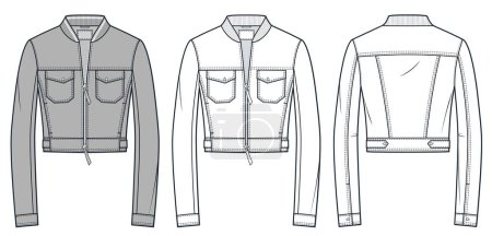 Bomber Jacket technical fashion illusrtation. Zipped Jacket fashion flat technical drawing template, cropped, pockets, relaxed fit, front and back view, white, grey, women, men, unisex CAD mockup set.