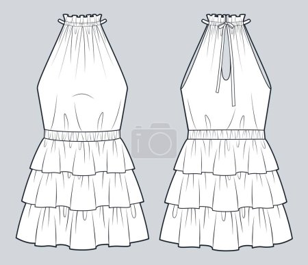 Illustration for Layered Dress technical fashion illustration. Halter Dress fashion flat technical drawing template, mini length, elastic waistband, front and back view, white, women Dress CAD mockup. - Royalty Free Image