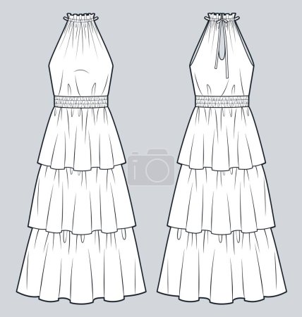 Illustration for Layered Dress technical fashion illustration. Halter Dress fashion flat technical drawing template, maxi length, elastic waistband, front and back view, white, women Dress CAD mockup. - Royalty Free Image