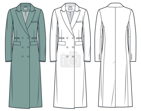 Classic Coat technical fashion illustration. Double breasted Coat fashion flat technical drawing template, front and back view, white, green, women, men, unisex Outerwear CAD mockup set.