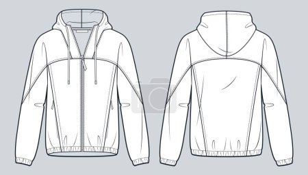 Zipped Jacket technical fashion illustration. Hooded Sweatshirt fashion flat technical drawing template, pockets, relaxed fit, front and back view, white, women, men, unisex Sportswear CAD mockup set.