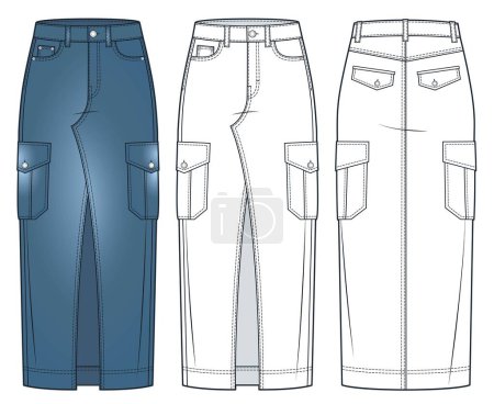Cargo Skirt technical fashion illustration. Denim maxi Skirt fashion flat technical drawing template, zip up, pockets, front slit, front and back view, white, blue, women CAD mockup set.