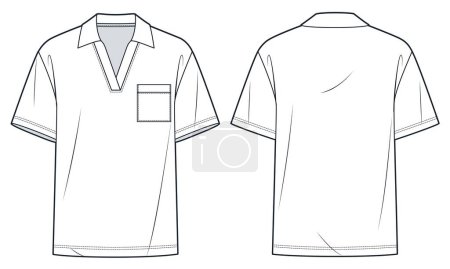  Polo Shirt technical fashion illustration. T-Shirt fashion flat technical drawing template, short sleeve, polo collar, v neck, relaxed fit, front and back view, white, women, men, unisex CAD mockup.