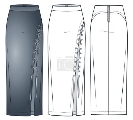 Illustration for Denim Skirt technical fashion illustration. Lace Up Skirt fashion flat technical drawing template, asymmetric, front slit, back zipper, maxi length, slim fit, front and back view, white, grey, women CAD mockup set. - Royalty Free Image